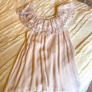 Juniors large crochet lace and gauze like off shoulder top
